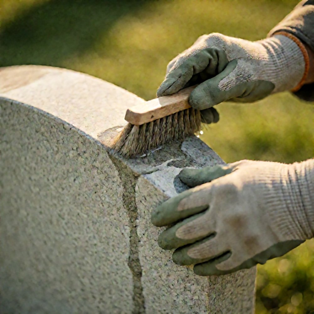 Hand-cleaning a granite headstone with a soft brush